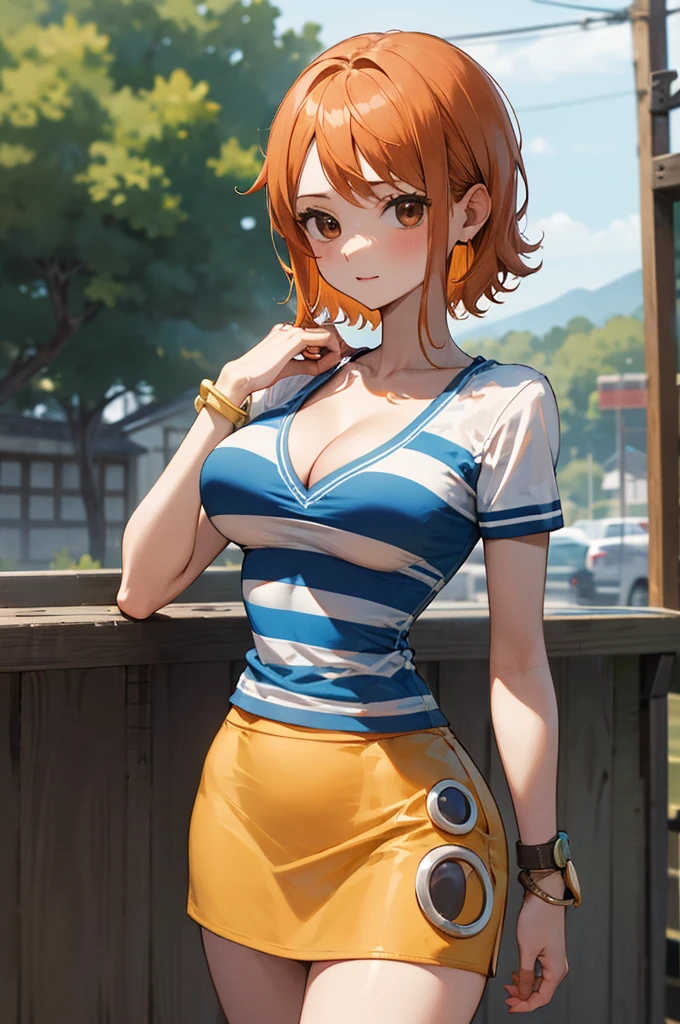 masterpiece, best quality, highres, nami (one piece), short hair, orange hair, brown eyes, cleavage, striped shirt, white shirt, short sleeves, bracelet, miniskirt, yellow skirt, standing, cowboy shot, outdoors,