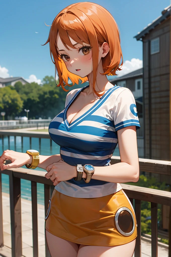 masterpiece, best quality, highres, nami (one piece), short hair, orange hair, brown eyes, cleavage, striped shirt, white shirt, short sleeves, bracelet, miniskirt, yellow skirt, standing, cowboy shot, outdoors,