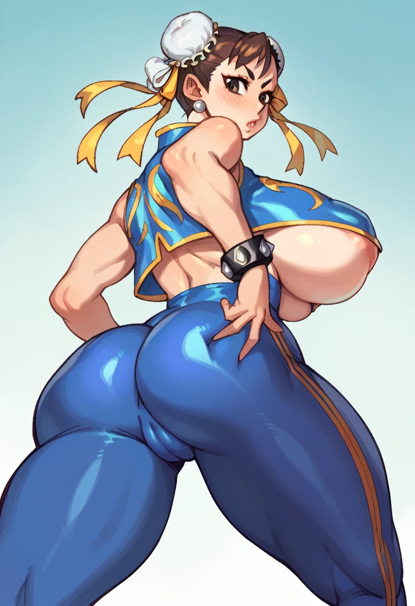 CHUN-LI, brown eyes, double bun, yellow ribbon, blue bodysuit, crop top, sleeveless, wide huge ass, from behind, gigantic breasts, underboobs, sideboobs, perky big puffy nipples, cameltoe