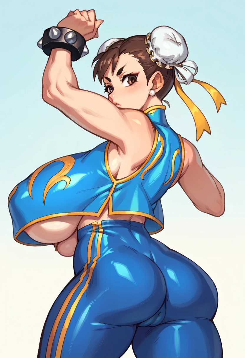 CHUN-LI, brown eyes, double bun, yellow ribbon, blue bodysuit, crop top, sleeveless, wide huge ass, from behind, gigantic breasts, underboobs, sideboobs, perky big puffy nipples, cameltoe