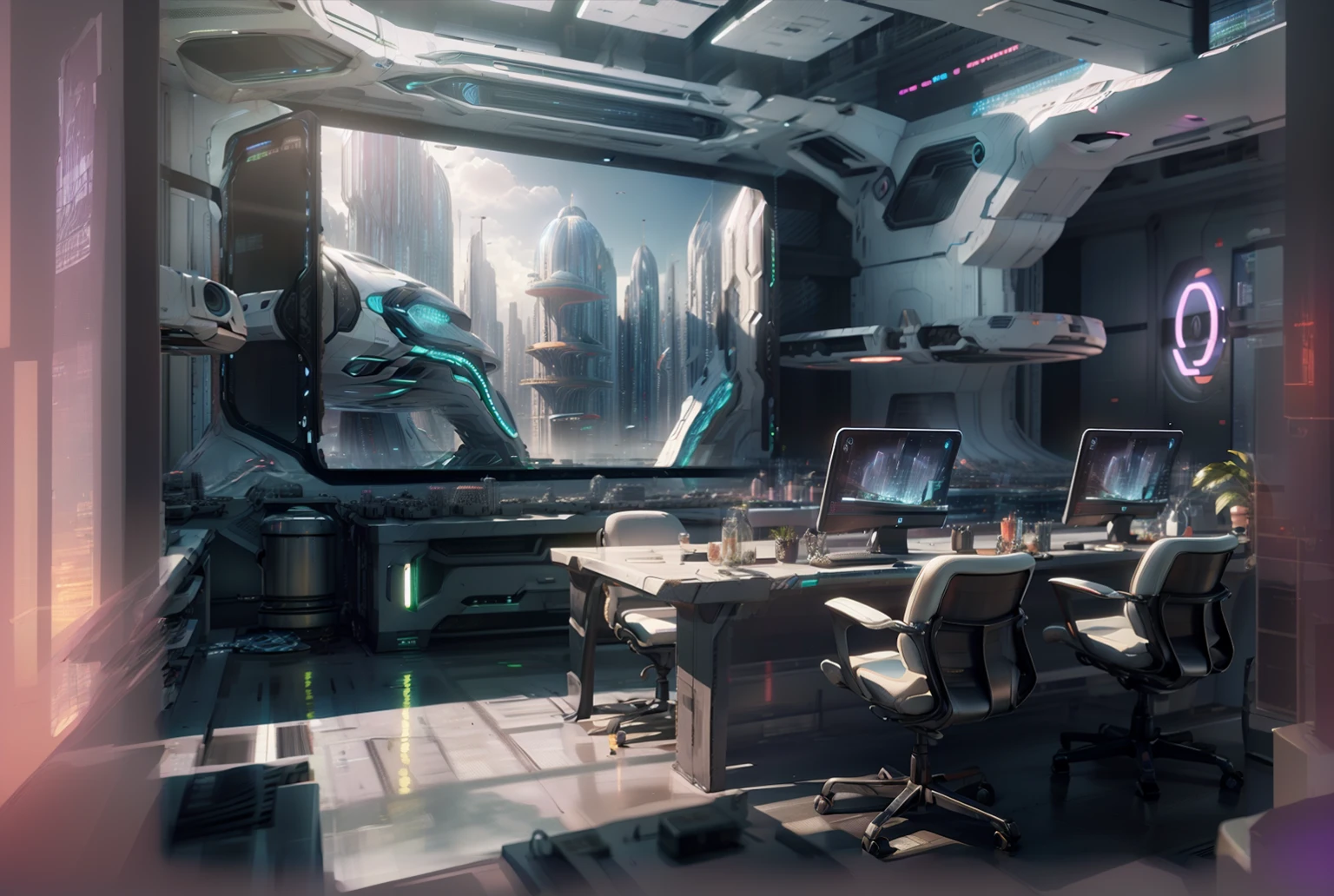 there is a room with a table and a monitor in it, Star Citizen concept art, High-detail 8K concept art, futurist laboratory, futurist setting, 4k detailed concept art, headquarters of the art station”, Future science fiction. CG game, concept art 8k, futurist. CG game, science fiction scenario, futurist concept art, futurist environment, concept art 4k