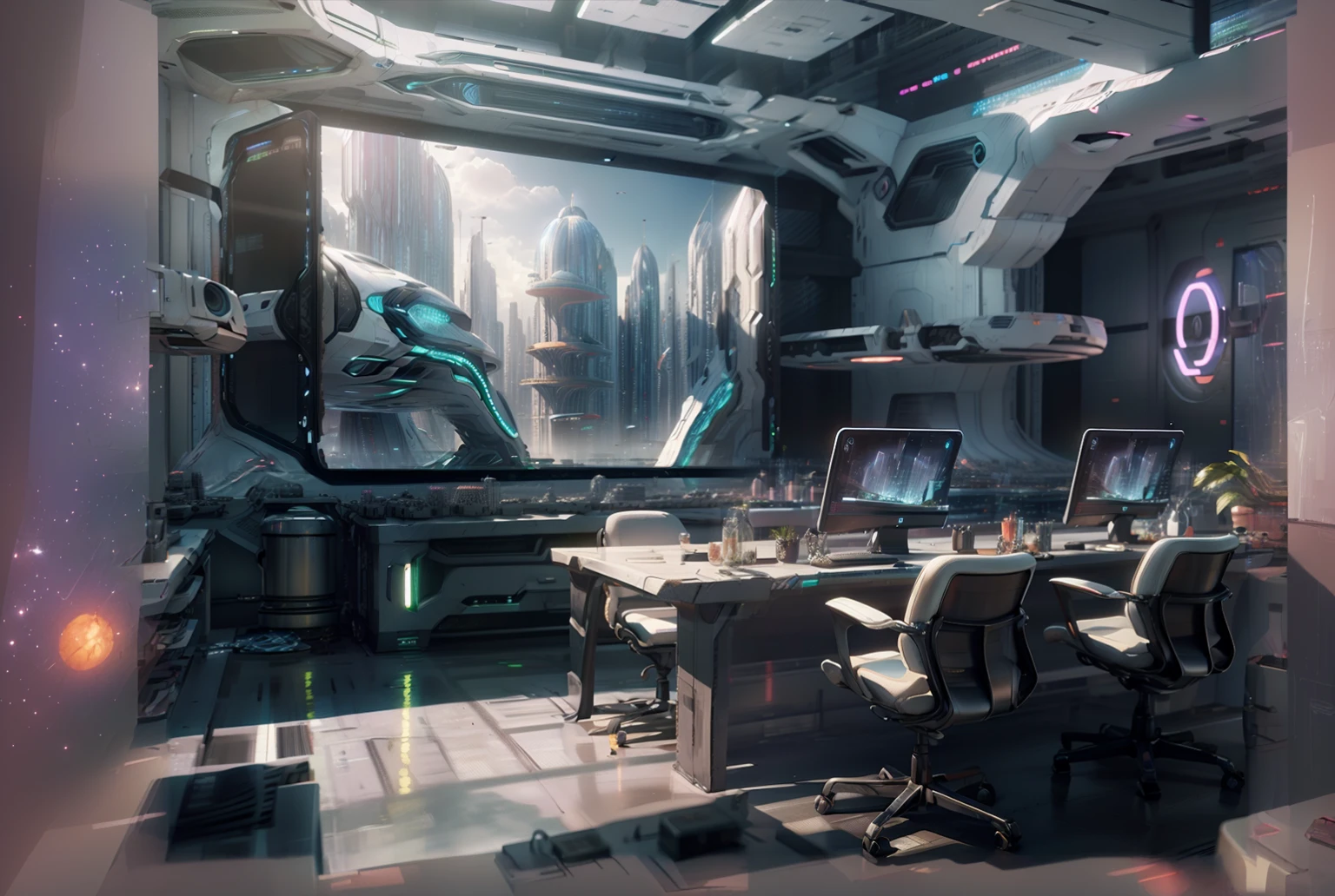 there is a room with a table and a monitor in it, Star Citizen concept art, High-detail 8K concept art, futurist laboratory, futurist setting, 4k detailed concept art, headquarters of the art station”, Future science fiction. CG game, concept art 8k, futurist. CG game, science fiction scenario, futurist concept art, futurist environment, concept art 4k