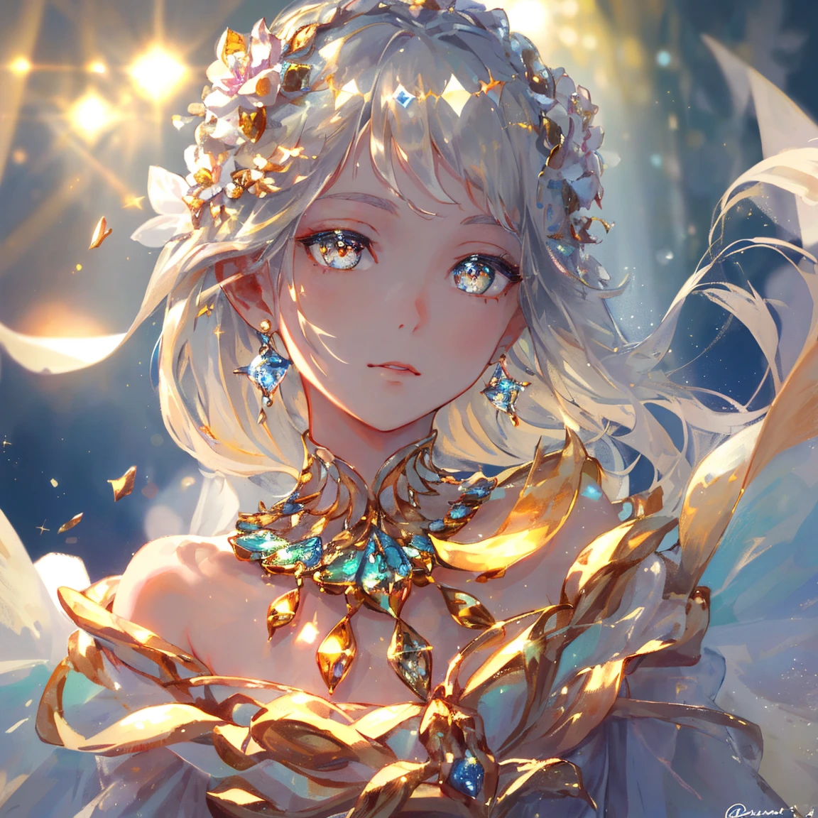 1 girl masterpiece, highest quality, shape, amber eyes and hair, platinum earrings, platinum necklace, Sea, The Little Mermaid, cute, (dynamic lighting:1.2), cinematic lighting, delicate features, fine eyes, sharp pupils, realistic student, written boundary depth, Bokeh, sharp focus, (very detailed, bloom, shine:1.4), lots of little gems