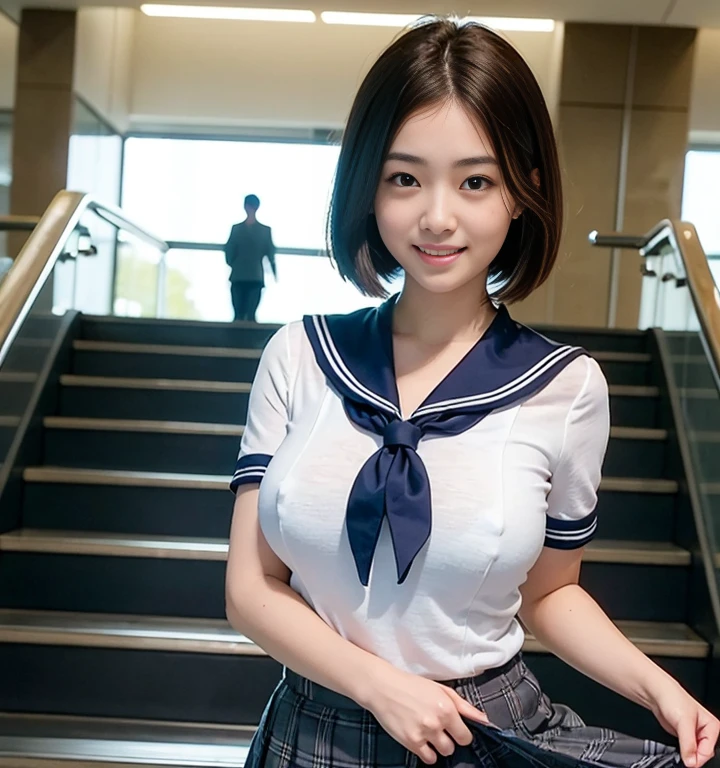 Completely naked、Lower body naked、No underwear、Lower body exposed、Pussy、((escalator))、lewd smile、(Realistic、Realistic:1.37)、(masterpiece)、(Highest quality:1.4)、(Ultra-high resolution:1.2)、(RAW Photos:1.2)、(Sharp focus:1.3)、(stand:1.2)、elegant、(Whole Body Ezbian:1.2)、(A girl in an elaborate sailor uniform and pleated skirt:1.3)、Very cute Japanese girl、(smile:1.3)、(Makes hair shine:1.3)、 Brown haired、Bobcut、
(Big Breasts:1.2), escalatorの下から撮影、Beautiful and delicate eyes、 View your viewers、escalatorの最下段から見上げるアングルで撮影、Secretly filming the private parts under the skirt、Female organ:1.8