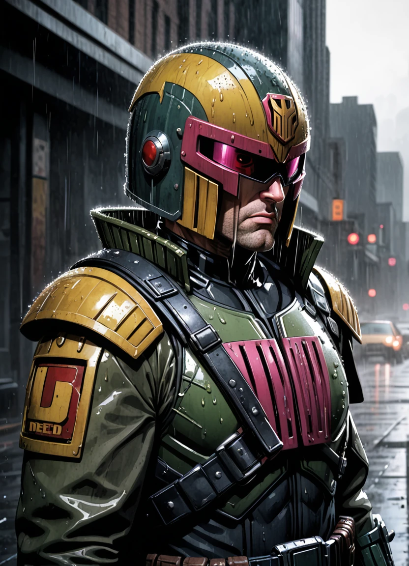 comic, cartoon,upper body portrait of jdgdrdd wearing his helmet, uniform, shiny, fancy, photorealism, hyperrealism, cinematic, A stunning street style portrait of a rugged post-apocalyptic, of Joseph Dredd as Judge dredd. braving the elements. using your uniform. military camouflage details with a worn texture, he stands against a desolate urban backdrop. Rain falls, creating a cinematic atmosphere as the drops hit the surface of the coat. Intricate details such as patched repairs and buckled straps accentuate the character's resilience and resourcefulness. The scene is captured in a high-contrast, emphasizing the interplay of light and shadow. 
 