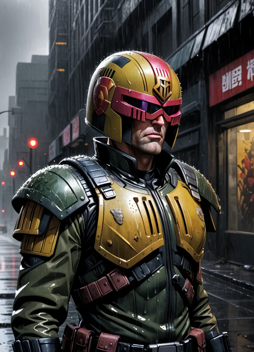 comic, cartoon,upper body portrait of jdgdrdd wearing his helmet, uniform, shiny, fancy, photorealism, hyperrealism, cinematic, A stunning street style portrait of a rugged post-apocalyptic, of Joseph Dredd as Judge dredd. braving the elements. using your uniform. military camouflage details with a worn texture, he stands against a desolate urban backdrop. Rain falls, creating a cinematic atmosphere as the drops hit the surface of the coat. Intricate details such as patched repairs and buckled straps accentuate the character's resilience and resourcefulness. The scene is captured in a high-contrast, emphasizing the interplay of light and shadow. 
 