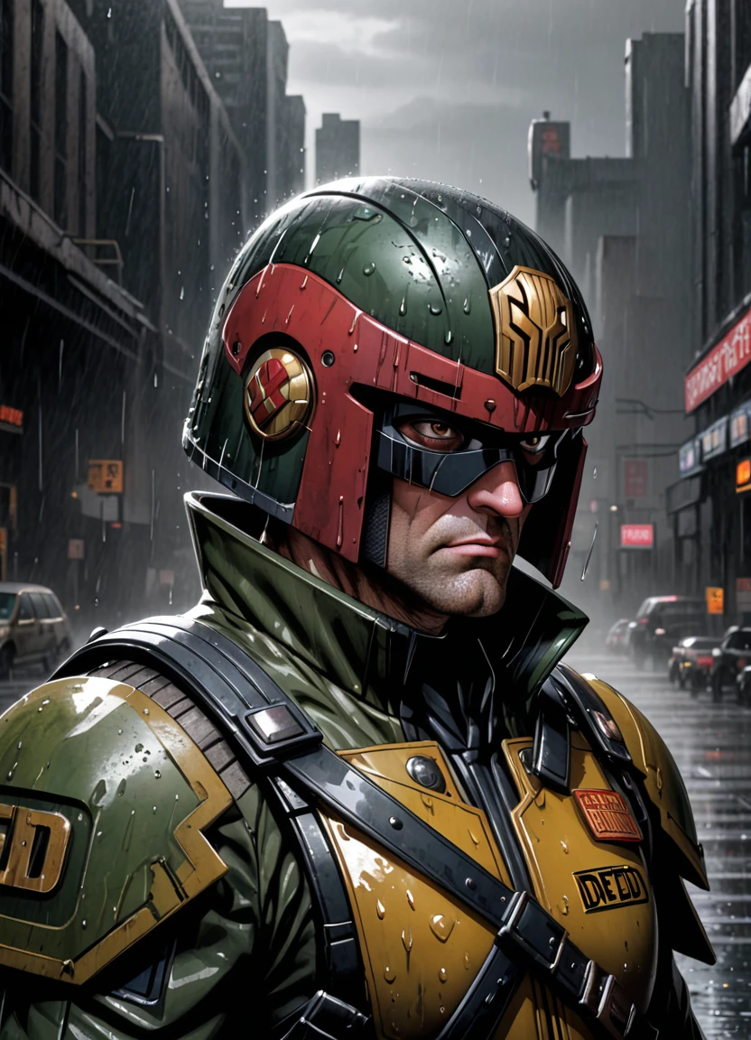 comic, cartoon,upper body portrait of jdgdrdd wearing his helmet, uniform, shiny, fancy, photorealism, hyperrealism, cinematic, A stunning street style portrait of a rugged post-apocalyptic, of Joseph Dredd as Judge dredd. braving the elements. using your uniform. military camouflage details with a worn texture, he stands against a desolate urban backdrop. Rain falls, creating a cinematic atmosphere as the drops hit the surface of the coat. Intricate details such as patched repairs and buckled straps accentuate the character's resilience and resourcefulness. The scene is captured in a high-contrast, emphasizing the interplay of light and shadow. 
 