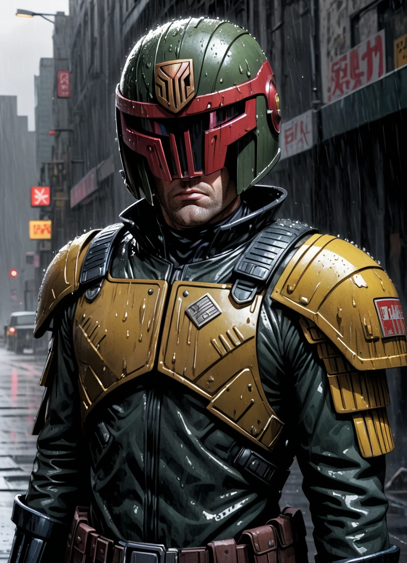 comic, cartoon,upper body portrait of jdgdrdd wearing his helmet, uniform, shiny, fancy, photorealism, hyperrealism, cinematic, A stunning street style portrait of a rugged post-apocalyptic, of Joseph Dredd as Judge dredd. braving the elements. using your uniform. military camouflage details with a worn texture, he stands against a desolate urban backdrop. Rain falls, creating a cinematic atmosphere as the drops hit the surface of the coat. Intricate details such as patched repairs and buckled straps accentuate the character's resilience and resourcefulness. The scene is captured in a high-contrast, emphasizing the interplay of light and shadow. 
 