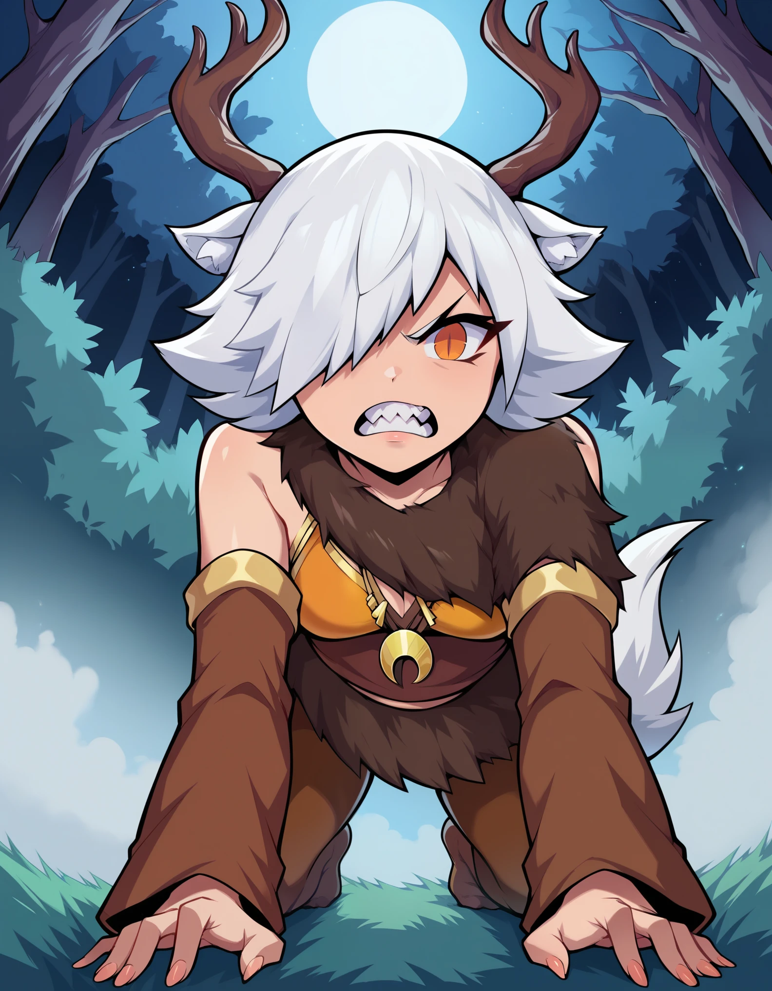 1girl,solo,deer girl,antlers,white hair,animal ears,tail,hair over one eye,orange eyes,slit pupils,crescent moon necklace,fur capelet,brown shirt,yellow bikini top,fur skirt,brown legwear,detached sleeves,
forest,outdoors,bare tree,fog,
looking at viewer,angry,all fours,growling,tail raised,sharp teeth, open mouth, clenched teeth,, score_9, score_8_up, score_7_up, perfect anatomy, source_anime, zPDXL2,