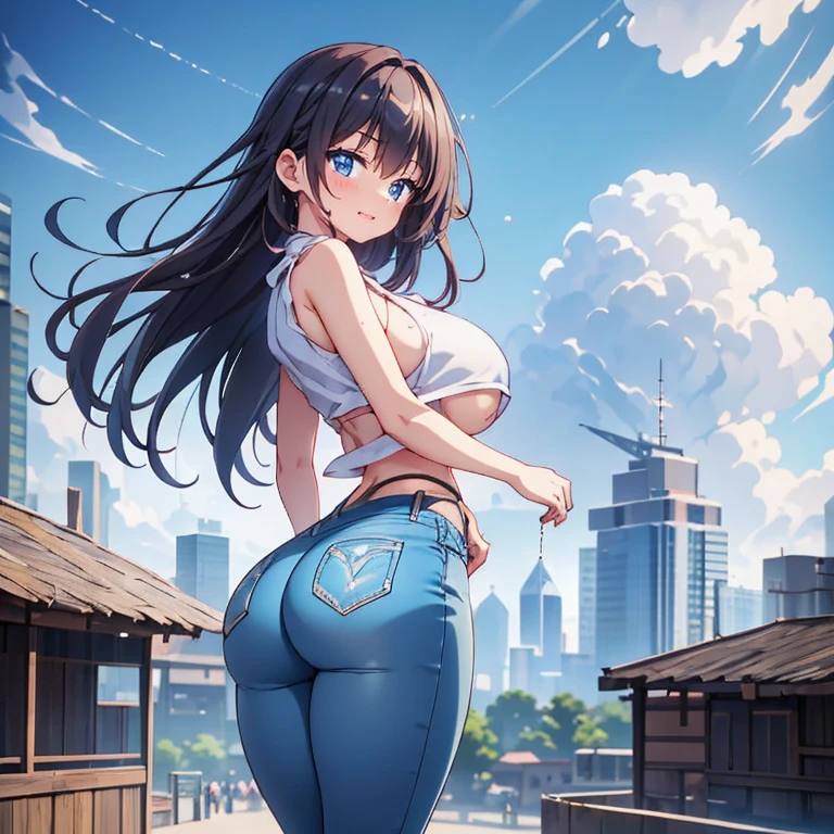 Anime Kawaii sexy Perfect Slim sensual body large breast and huge thighs, An intricate and highly detailed illustration of anime (Young girl). (8k、Superior image quality、Maximum quality、Masterpiece artwork)、A detailed face、1 girl in、A brunette、hypdertailed、clear blue eyes、piercings、sorriso nefasto、very Bigger breasts、white  shirt、sleeveless、Broad Hips、light blue denim、Long pants、cowboy shot、put your hands on your hips、ass pov、city background