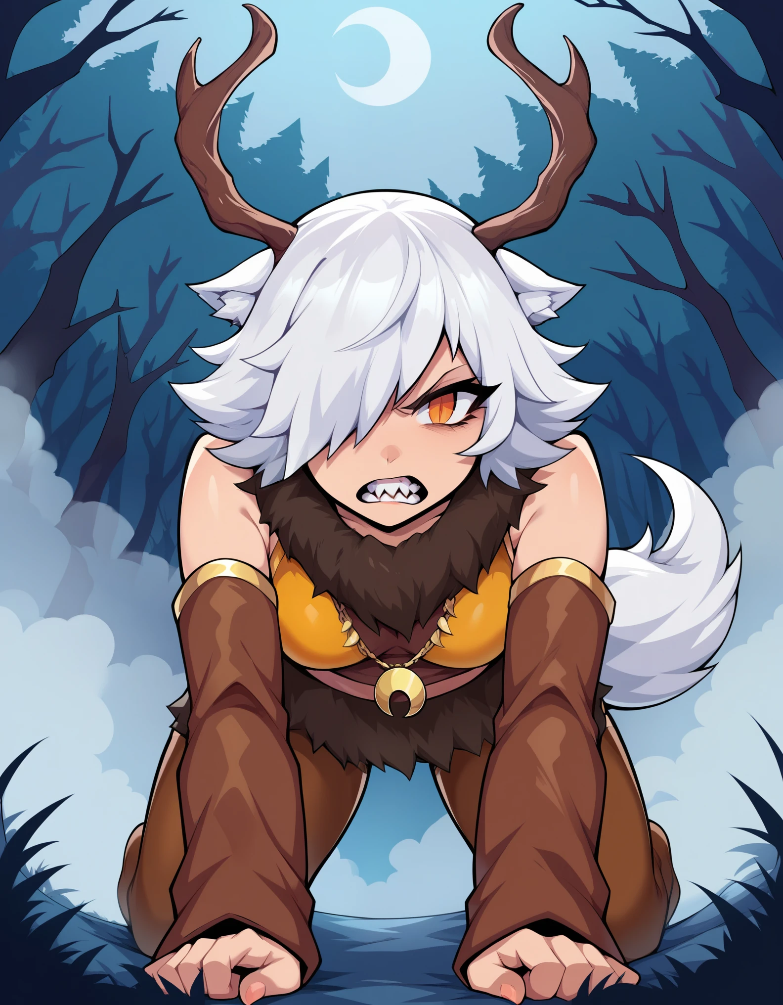 1girl,solo,deer girl,antlers,white hair,animal ears,tail,hair over one eye,orange eyes,slit pupils,crescent moon necklace,fur capelet,brown shirt,yellow bikini top,fur skirt,brown legwear,detached sleeves,
forest,outdoors,bare tree,fog,
looking at viewer,angry,all fours,growling,tail raised,sharp teeth, open mouth, clenched teeth,, score_9, score_8_up, score_7_up, perfect anatomy, source_anime, zPDXL2,