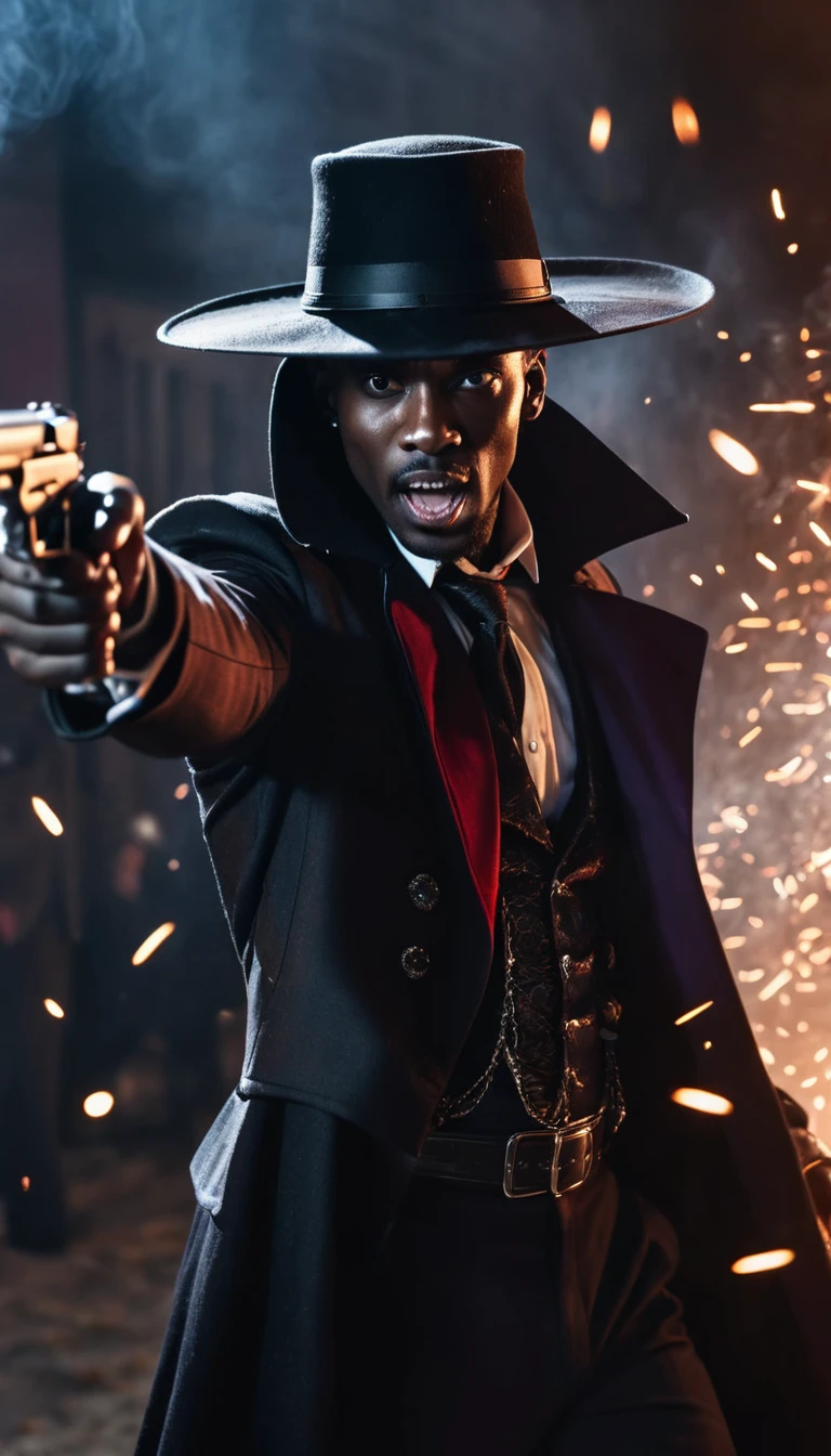 A skinny black man as dracula holding a gun, his face covered with hat, action pose, irregular cinematic shot, bullets scattering in air with motion blur, fire sparks randomly dispersing.