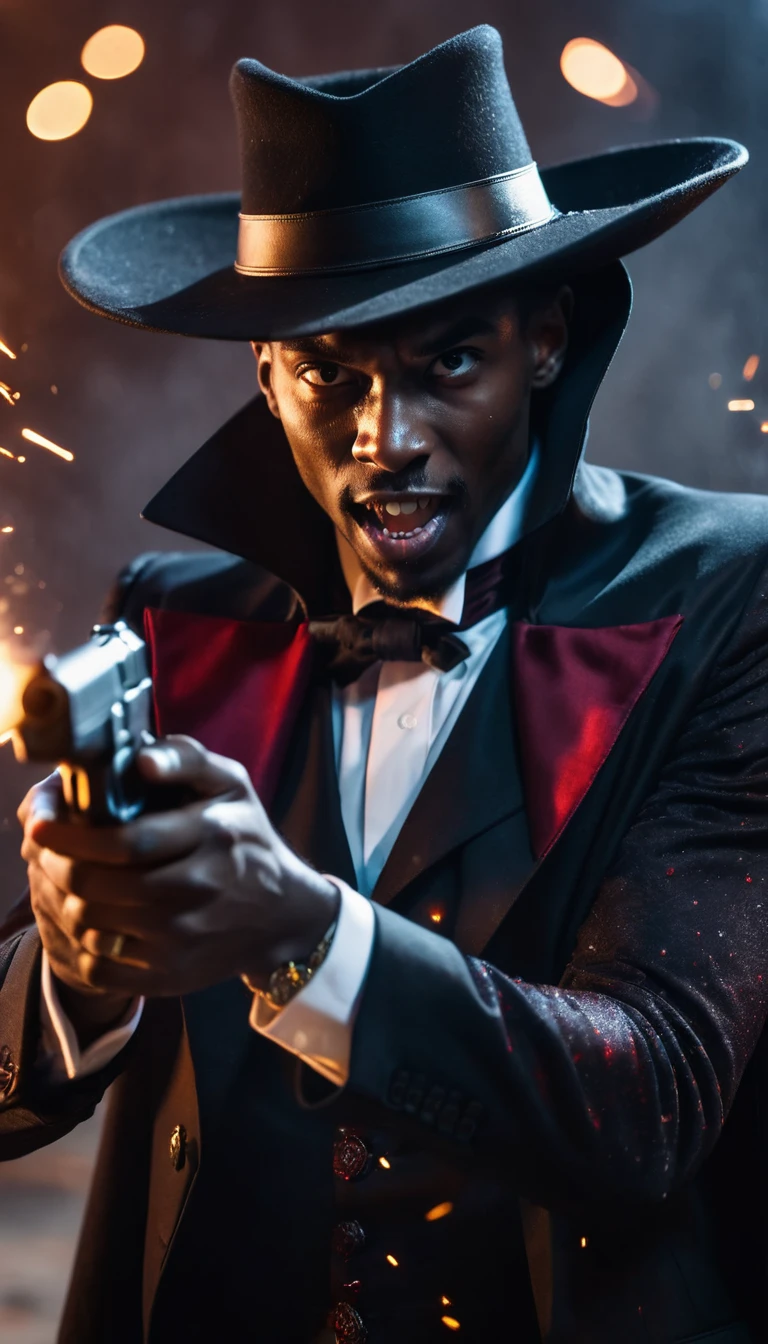 A skinny black man as dracula holding a gun, his face covered with hat, action pose, irregular cinematic shot, bullets scattering in air with motion blur, fire sparks randomly dispersing.