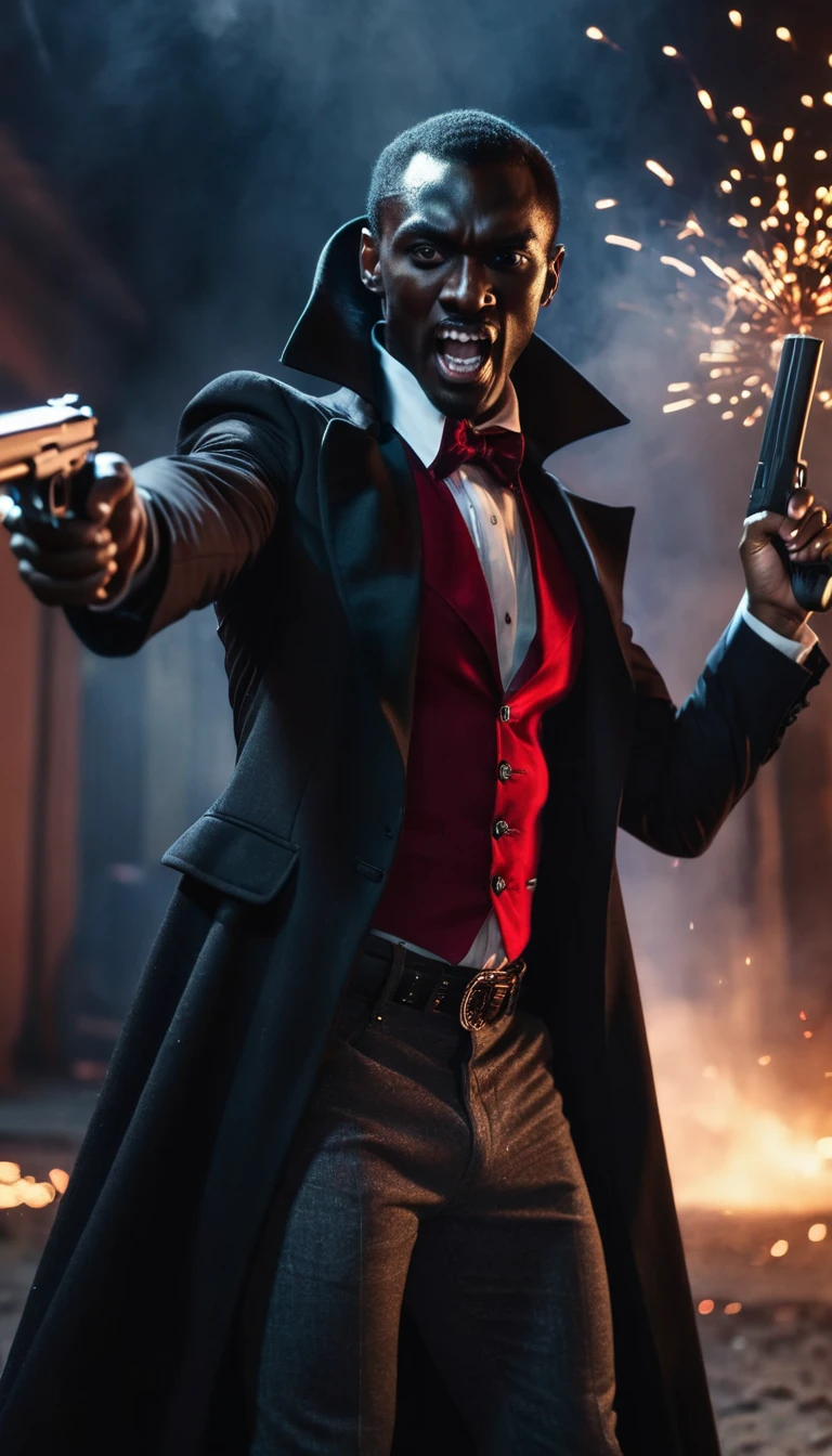 A skinny black man as dracula holding a gun, his face covered with hat, action pose, irregular cinematic shot, bullets scattering in air with motion blur, fire sparks randomly dispersing.