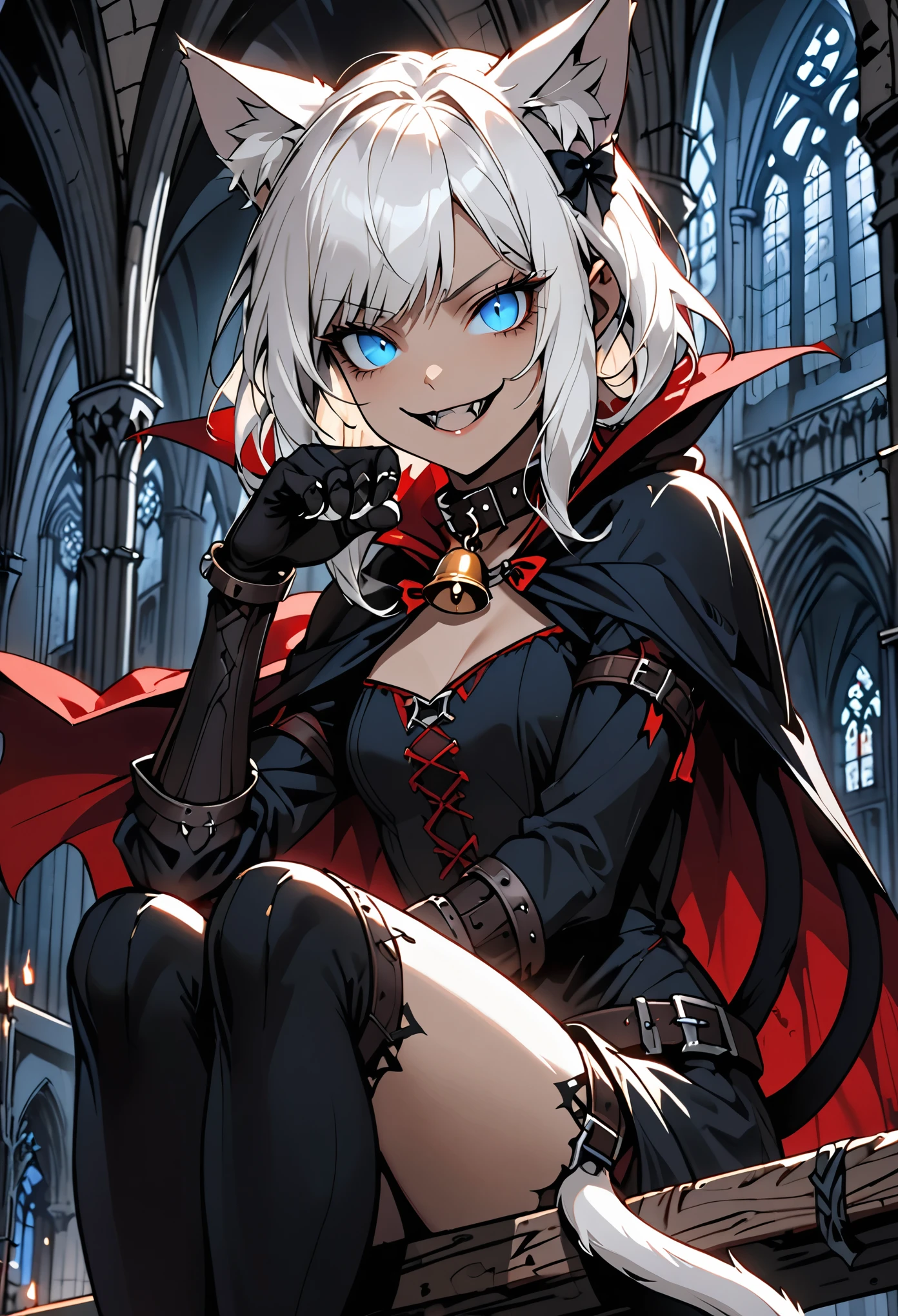 solo female, close up, short white hair, blue eyes, assassin, cat tail, cat ears, slit pupils, wide sinister smile, thief, night, sitting on the rafters, cathedral, medieval, furred forearms, light skin, small breasts, cat claw hands, dark, cat collar, bell collar, contemptuous expression, sneaky cape, red hair bow, fangs