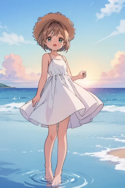 High resolution backgrounds,Beautiful background,anime, cute,Midsummer Beach,Cumulonimbus clouds floating on the horizon,Reflective and sparkling sea surface,9--old l,A white summer dress with only straps around the shoulders,Chestnut Hair,Short Bob Hair,barefoot,Happy expression,White straw hat,Lens flare,The hem of a skirt fluttering in the wind,Cowboy Shot