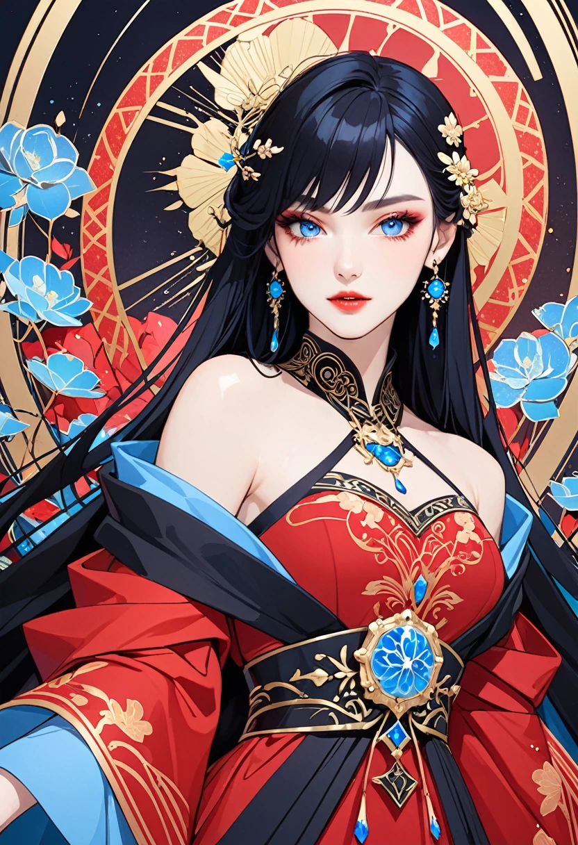 Beautiful woman, long black hair, side swept bangs, sparkling blue eyes, fair skin, empress aesthetic, red dress