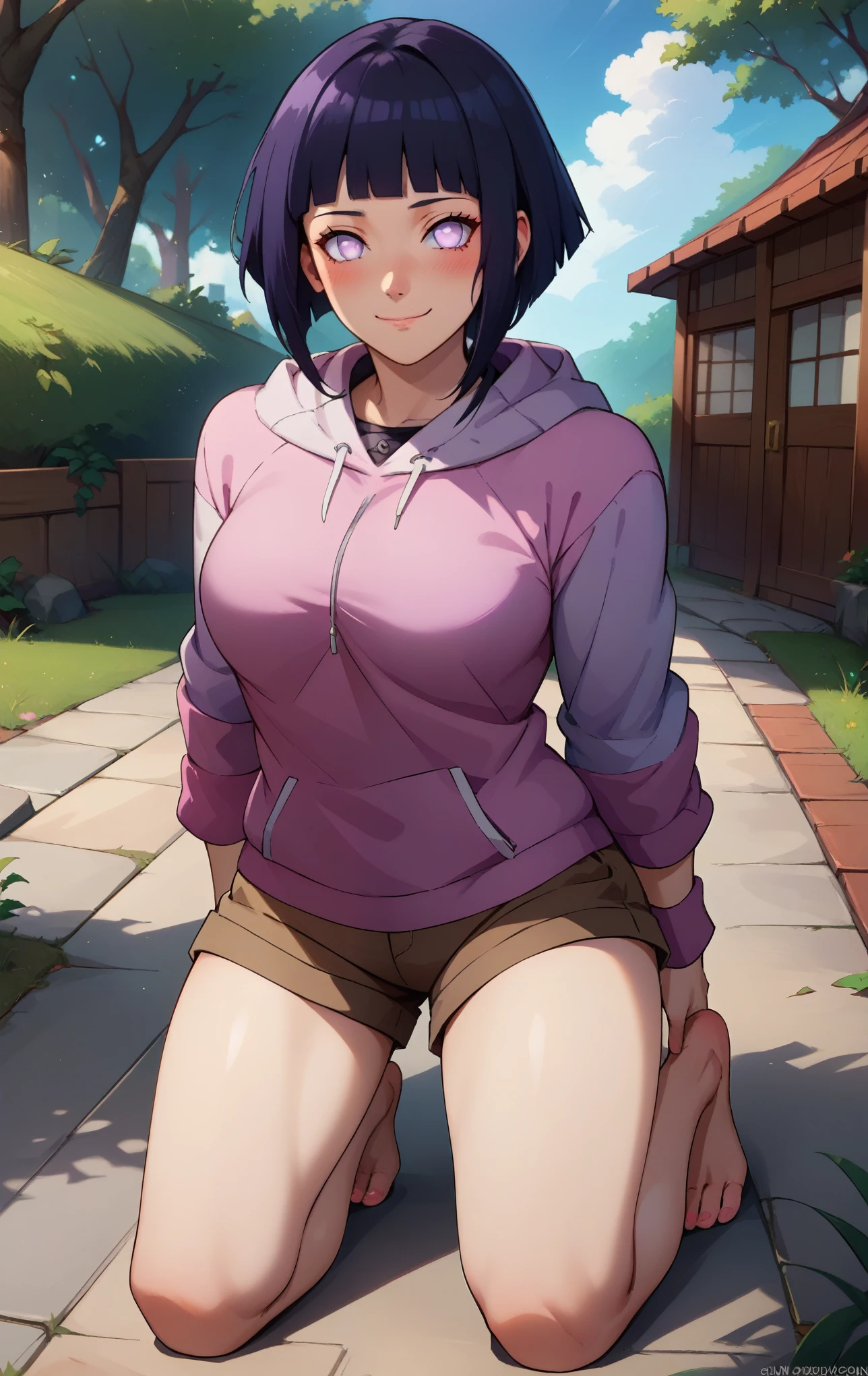 score_9, score_8_up, score_7_up, score_9, BREAK hinataSDXL, 1girl, solo, breasts, looking at viewer, blush, smile, short hair, bangs, black hair, long sleeves, closed mouth, purple eyes, thighs, outdoors, shorts, hood, blunt bangs, username, short shorts, kneeling, hoodie, toes, hood down, brown shorts, pink hoodie, hyuuga hinata, cowboy shot