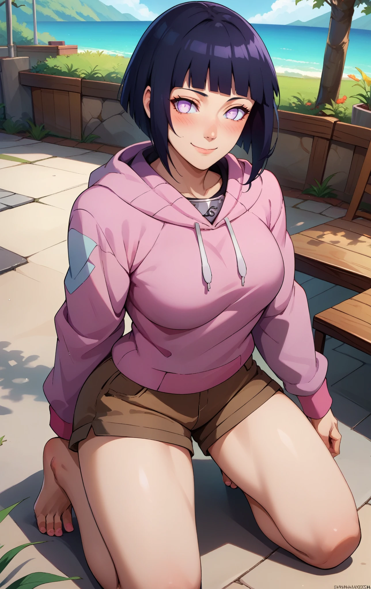 score_9, score_8_up, score_7_up, score_9, BREAK hinataSDXL, 1girl, solo, breasts, looking at viewer, blush, smile, short hair, bangs, black hair, long sleeves, closed mouth, purple eyes, thighs, outdoors, shorts, hood, blunt bangs, username, short shorts, kneeling, hoodie, toes, hood down, brown shorts, pink hoodie, hyuuga hinata, cowboy shot
