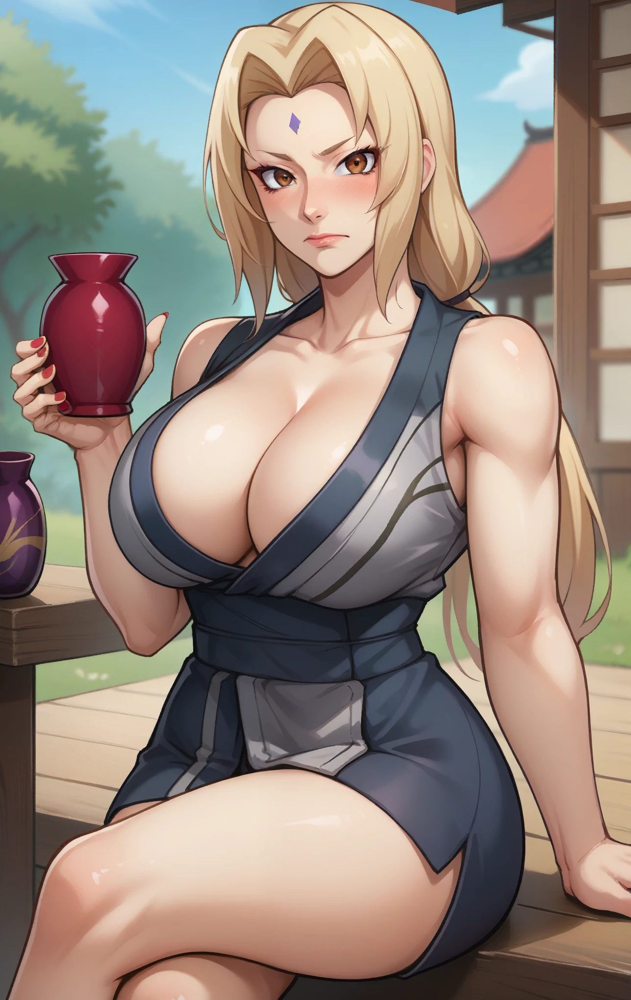 score_9, score_8_up, score_7_up, score_9, source_anime, BREAK   TsunadeSDXL, 1girl, solo, long hair, breasts, looking at viewer, super thin waist,blush, blonde hair, holding, cleavage, bare shoulders, brown eyes, sitting, closed mouth, collarbone, thighs, outdoors, japanese clothes, sleeveless, pants, kimono, nail polish, blurry, huge breasts, cup, sash, blurry background, arm support, facial mark, black pants, crossed legs, bottle, red nails, alcohol, mature female, forehead mark, drunk, short kimono, sake, sake bottle, tokkuri, grey kimono, tsunade (naruto)