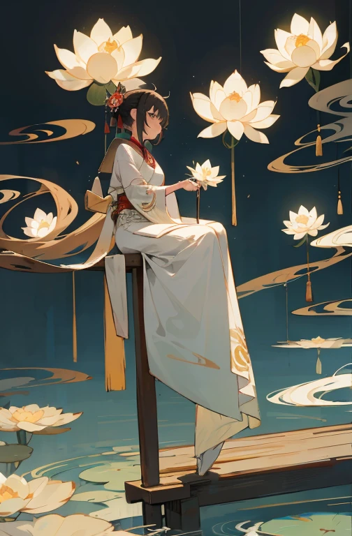 Ancient Japanese beauty sits on a stone,Dressed in costumes of ancient Japan,kimono,Short Hair,blue eyes,flowing tulle,light silk,lazy posture,大きなlotusの葉,lotus,Ink painting style,Beautiful colors,The decisive cut,Leave a space,Impressionist,masterpiece,Ultra-detailed,A magnificent composition, high quality, 最high quality, 4k --v6