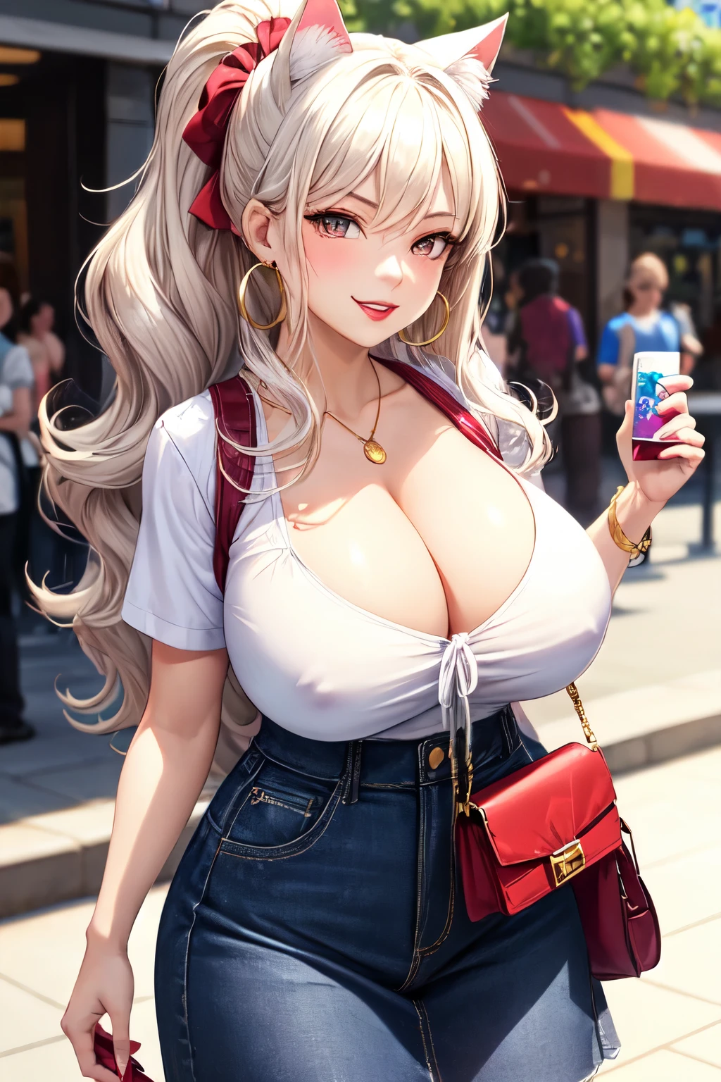 ((exceptional quality)), ((masterpiece)), (detailed), perfect face, perfect eyes, expressive eyes, long wavy white hair, white cat ears, gigantic breasts, thick thighs, red eyes, bratty, lips parted slightly, smirking, hair tied into high ponytail, red lipstick, gold hoop earrings, short sleeve v neck crop top shirt with knot tied in front, cleavage visible, purple ruffle skirt, clutch purse in hand, sunny outside, subject clearly visible, background blurry, mall background