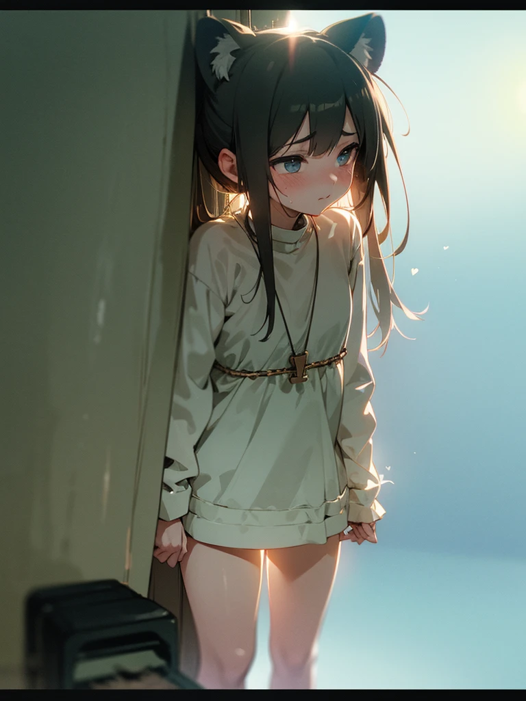 (Sumilux f1.4 50mm , low Latitude old color negative film , cross process , bokeh, flare, chromatic aberration , soft focus, (Shallow focus) , soft glow , Maximum aperture, low Key , Transparent depiction) , hentai comic style , kawaii coquettish tomboyish tiger girl , (wide open shackle clothes) , In the messy dirty cage , heart is beating fast with anticipation , lovey-dovey Estrus pet , Please let me pee , bladder is about to burst