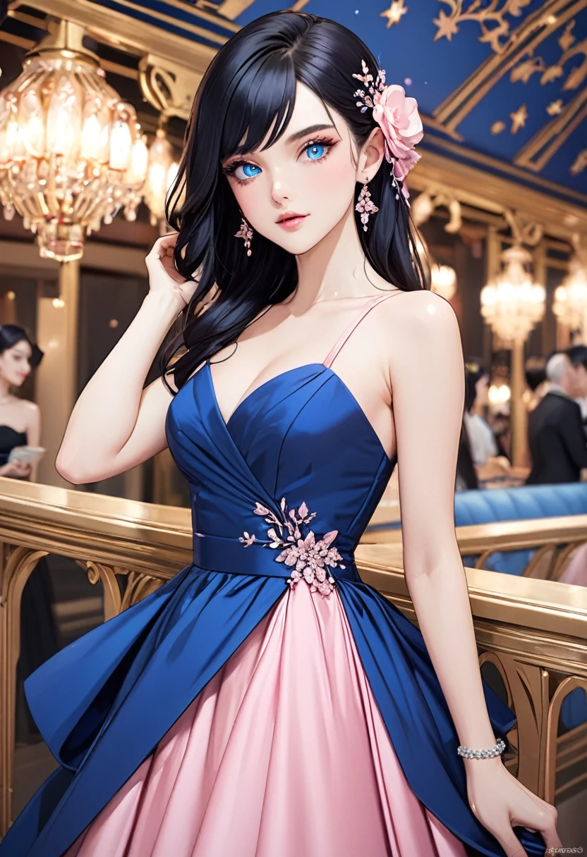 Beautiful woman, long black hair, side swept bangs, sparkling blue eyes, fair skin, pink dress, elegant and ladylike