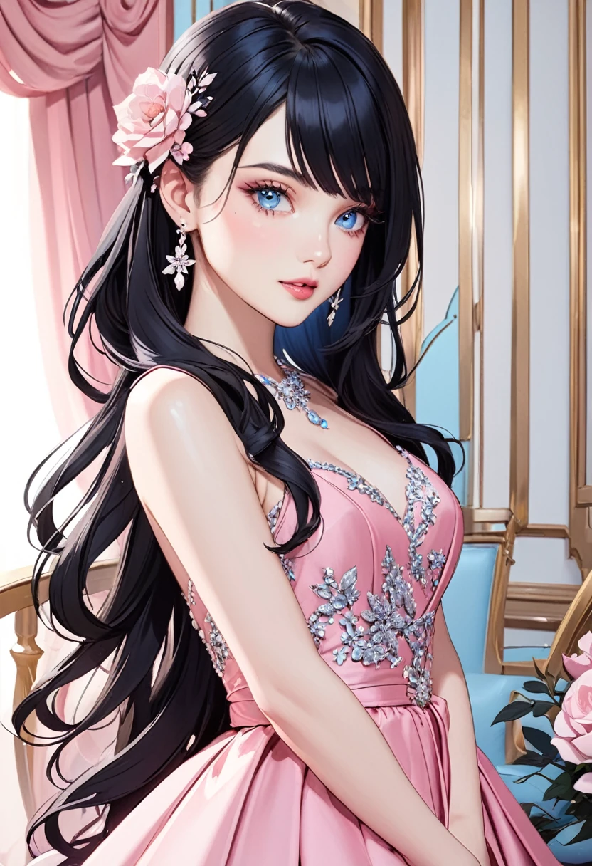 Beautiful woman, long black hair, side swept bangs, sparkling blue eyes, fair skin, pink dress, elegant and ladylike 