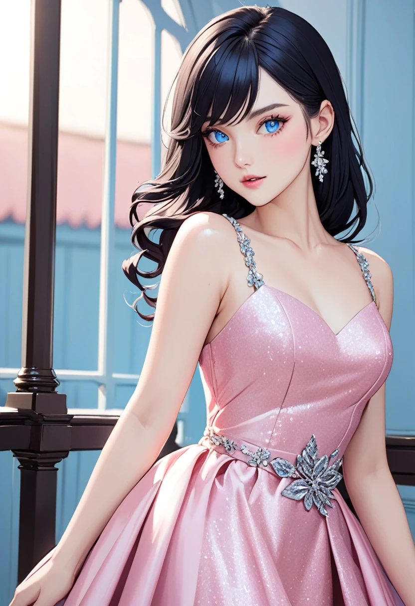Beautiful woman, long black hair, side swept bangs, sparkling blue eyes, fair skin, pink dress, elegant and ladylike