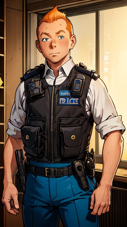 (Teens:1man: Tintin), (extremely detailed CG unit 8k wallpaper),(master part), (best quality), (ultra detali), (best illustration),(Police uniform), cowboy shot, (Sharp eyeliner, ombre, detailed eyes:1),Dark Police station interiors background, ,break , upper body, short hair, orange hair