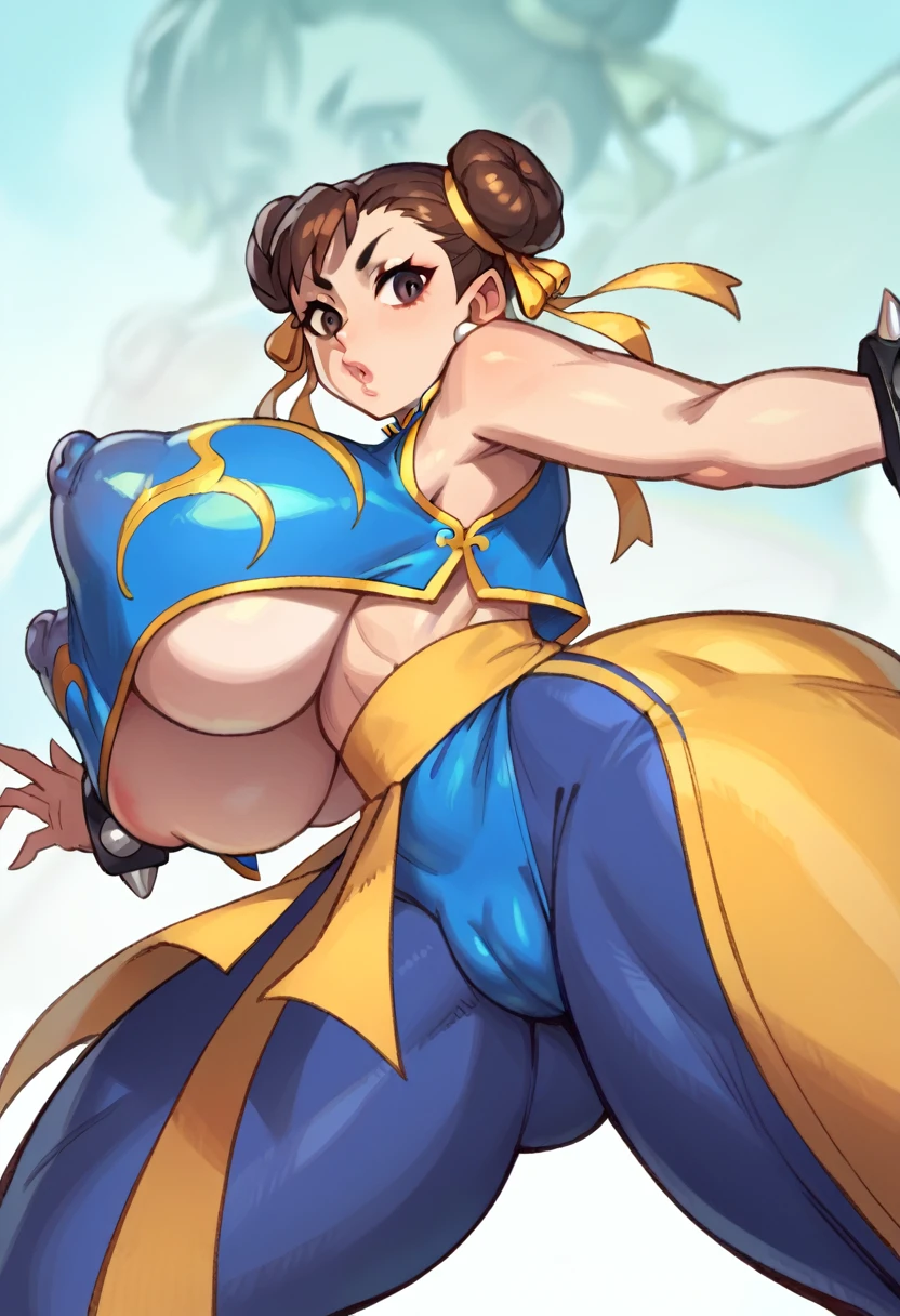 CHUN-LI, brown eyes, double bun, yellow ribbon, blue bodysuit, crop top, sleeveless, wide gigantic ass, from behind, gigantic breasts, underboobs, sideboobs, perky big puffy nipples, ((long erected nipples)), big cameltoe 