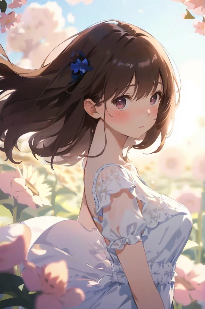 Highest quality, masterpiece, alone, 1 female、Year: 8 Year代、Small breasts、(Slim figure)、Transparent blue dress、From the side、Poses that accentuate the chest、(White highlight in pupil:1.2)、Dark reddish brown eyes、(Grey Hair:1.2)、(Twin tails)、(View your viewers:1.2)、White skin、(blush)、(Embarrassed look)、(Blur the background to make the woman stand out.:1.3)、(The sunlight shines in)、Half Backlight、(In the background is a beautiful sunflower field)、The wind is blowing
