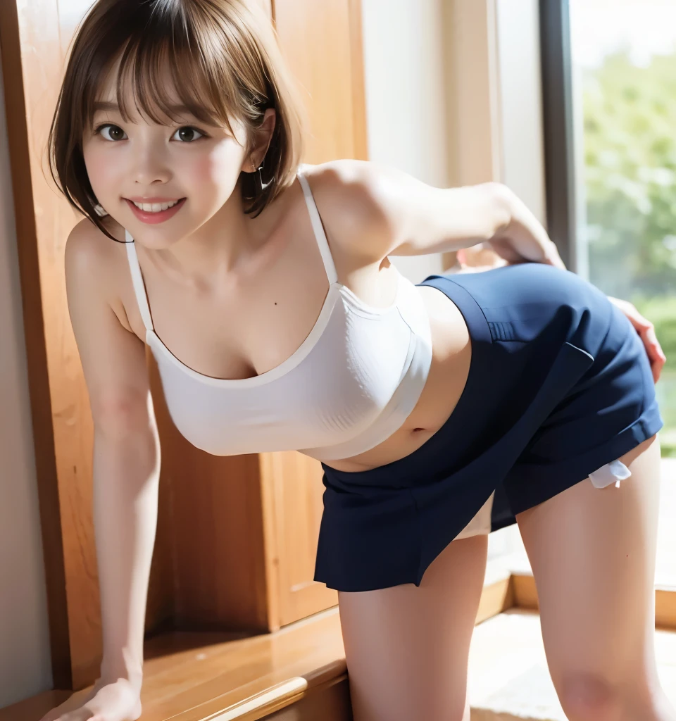 Highest quality、8k、No makeup、masterpiece、Ultra-high resolution、Clear photos、Very cute girl、Baby Face、Small breasts、Large erect nipples:1.6、Tight waist、Delicate body:1.2、Thin legs、Small Ass、Short Bob Hair、Brown Hair、smile、Standing on the stairs:1.8、Go up the stairs to the second floor:1.8、Backwards:1.2、Stick your butt out and turn around:1.2、Wearing a white tank top、Transparent tank top:1.8、(Navy blue mini skirt:1.6)、(White panties are visible:1.6)、Shooting from a low angle:1.8、Shooting from directly behind:1.8、Focus on the thighs:1.8、The gap between the thighs