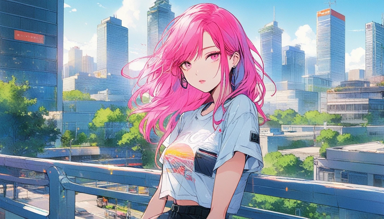 Illustrator, anime , Realistic ,sketch ,1 Girl, ,lip, T-shirt,order,Textured Trim, (masterpiece,Highest quality) , Neon Hair,Textured Trim, Canadian, (masterpiece,Highest quality) Cancer，Summer landscape、City、Hot sunshine