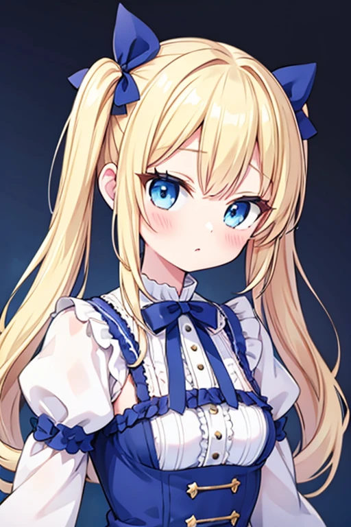 Blonde with blue eyes、ta、Small breasts、Twin tails、Girl's Mischief,Eating grilled mackerel,smile,