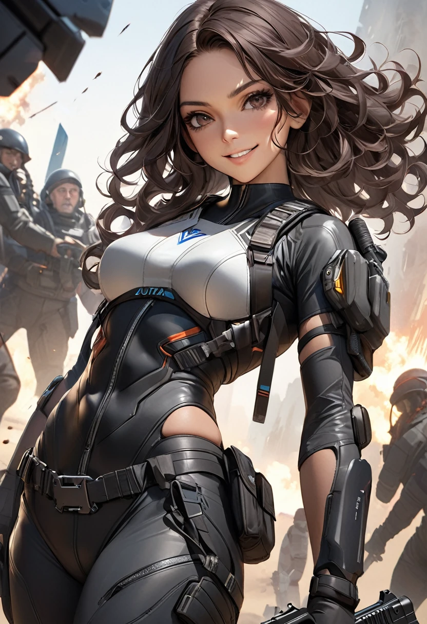 High quality, ultra-realistic images of women.  The woman is of mixed Native American and Jewish descent..  Powerful Features, Fair skin.  Dark brown curly hair, Dark Eyes.  The woman is wearing a semi-futuristic combat suit..  She has a gun and a knife strapped to her body..  Beautiful woman smiling.  Her eyes shine with hatred.