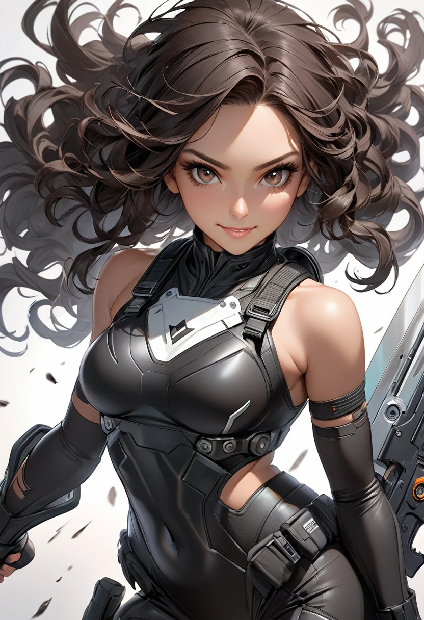 High quality, ultra-realistic images of women. The woman is of mixed Native American and Jewish descent.. Powerful Features, Fair skin. Dark brown curly hair, Dark Eyes. The woman is wearing a semi-futuristic combat suit.. She has a gun and a knife strapped to her body.. Beautiful woman smiling. Her eyes shine with hatred.