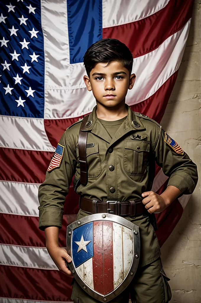 Soldier Boy, from the series The Boys, raising his shield towards an American flag