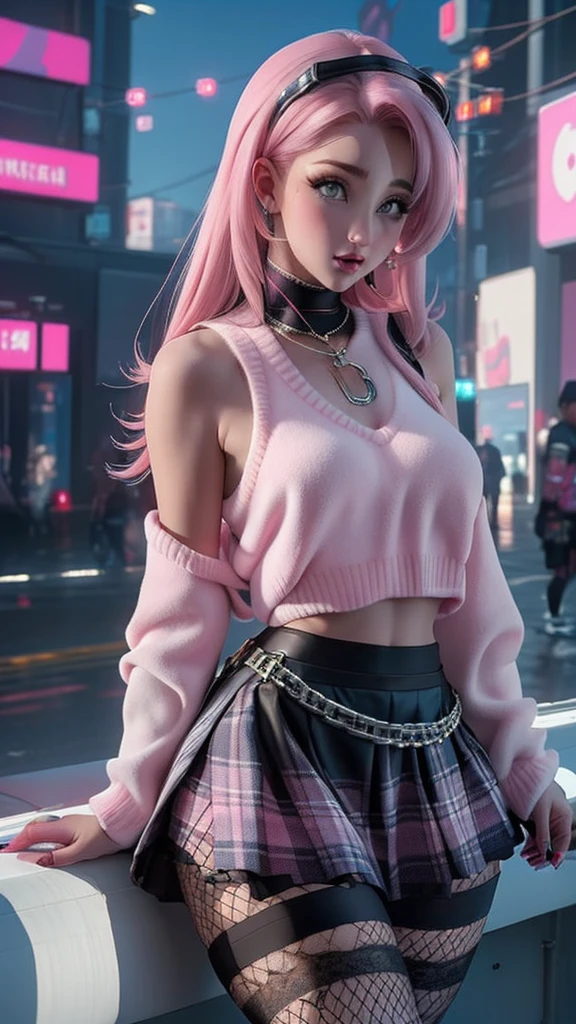 (The best quality,A high resolution,Ultra - detailed,actual),Ariana Grande fre3ckles, redhead, grey eyes, parts, 1 girl,  pl34tp1nk, plaid skirt, fishnet stockings, chains, bare shoulders, Pink sweater, black sleeveless top,,( cyberpunk 2.1)