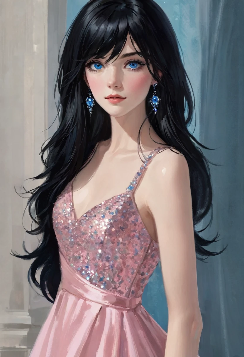 Beautiful woman, long black hair, side swept bangs, sparkling blue eyes, fair skin, pink dress, elegant and ladylike