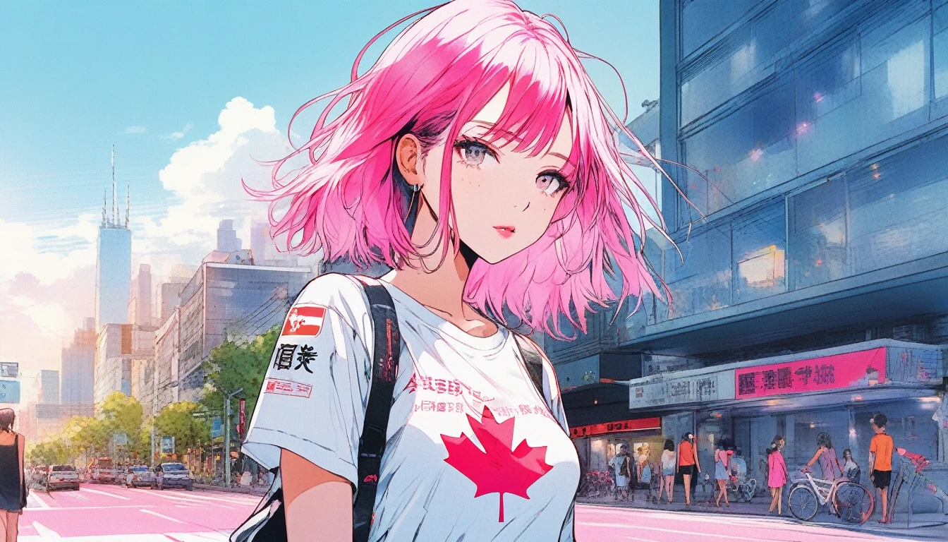 Illustrator, anime , Realistic ,sketch ,1 Girl, ,lip, T-shirt,order,Textured Trim, (masterpiece,Highest quality) , Neon Hair,Textured Trim, Canadian, (masterpiece,Highest quality) Cancer，Summer landscape、City、Hot sunshine