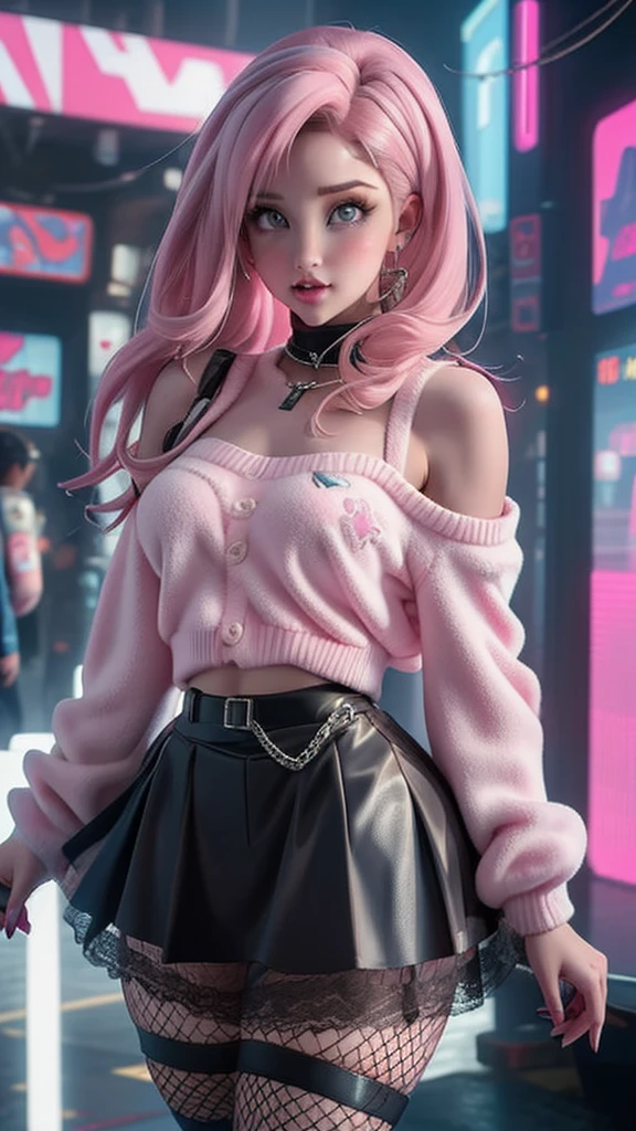 (The best quality,A high resolution,Ultra - detailed,actual),Ariana Grande fre3ckles, redhead, grey eyes, parts, 1 girl,  pl34tp1nk, plaid skirt, fishnet stockings, chains, bare shoulders, Pink sweater, black sleeveless top,,( cyberpunk 2.1)