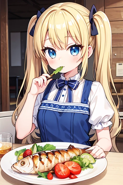 Eating grilled fish,Highest quality,Blonde with blue eyes、Lolita、Small breasts、Twin tails、Girl&#39;s Mischief,smile,