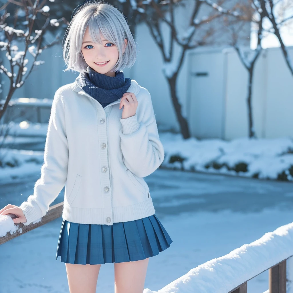 "Bright and lovely smile、I will create high quality anime illustrations of lively and cute 17-year-old Japanese high school girls.。. she、She has short silvery hair with a hint of light blue at the nape of her neck and striking aqua blue eyes.。. Her outfit is winter with a skirt.. The background is a snowy schoolyard."