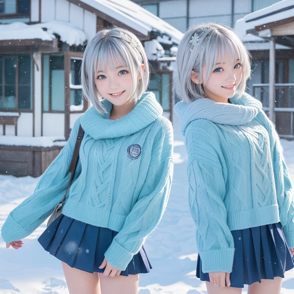 "Bright and lovely smile、I will create high quality anime illustrations of lively and cute 17-year-old Japanese high school girls.。. she、She has short silvery hair with a hint of light blue at the nape of her neck and striking aqua blue eyes.。. Her outfit is winter with a skirt.. The background is a snowy schoolyard."