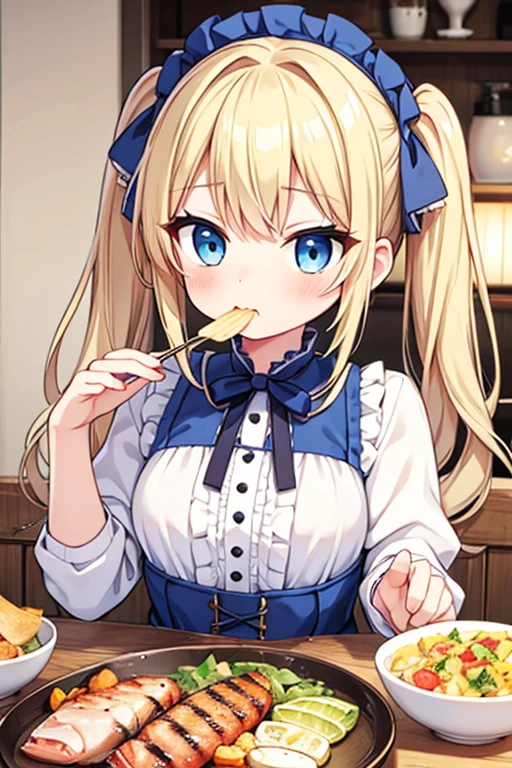 Eating grilled fish,Highest quality,Blonde with blue eyes、ta、Small breasts、Twin tails、Girl's Mischief,smile,