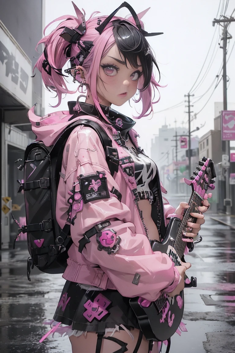 (Highest quality、8k、32K、masterpiece、Hmph:1.3)、(Photorealistic:1.4),(Shoot from the front,View your viewers:1.5)、((18-year-old punk girl,Unusual punk hair:1.3)),((Playing electric guitar:1.5)),((Pink and black punk fashion:1.5)),、(Stuffed rabbit)、Clothes with studs、((Black backpack on the back))、(Bright black and pink hair:1.5),Wacky makeup、、Dark Background、A desolate town soaked in rain、Puddles on the road、(Cinema Lighting)、Written boundary depth,Blurred Background、