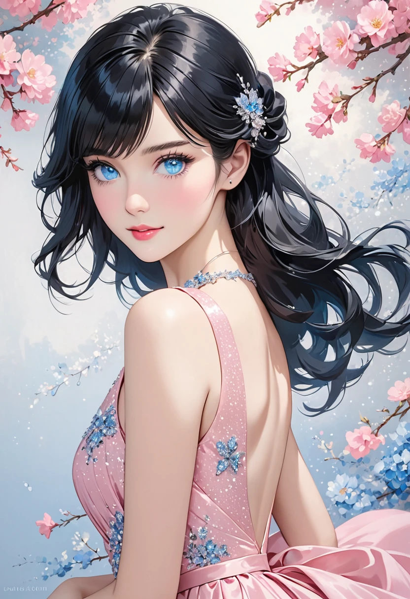 Beautiful woman, long black hair, side swept bangs, sparkling blue eyes, fair skin, pink dress, elegant and ladylike 