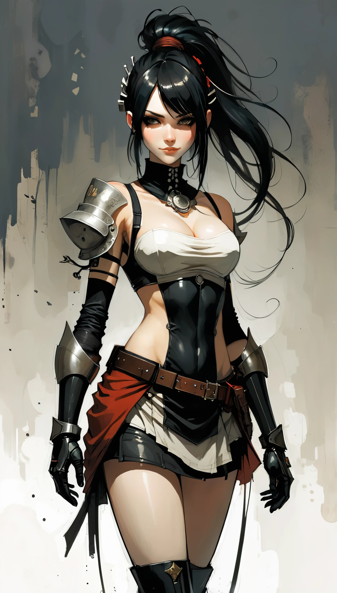 in style of ashley wood,in style of Santiago Caruso,in style of Alex Hirsch,in style of American McGee
{1girl:1.3},{asymmetrical hair:1.1},{oversized breasts:0.4}
{oversized forearms:1.5},{arm armor:1.4},{oversized shoulder:1.5},{a proud smile:1.1},fingers on the mouth,silence,{squinting:1.4}
